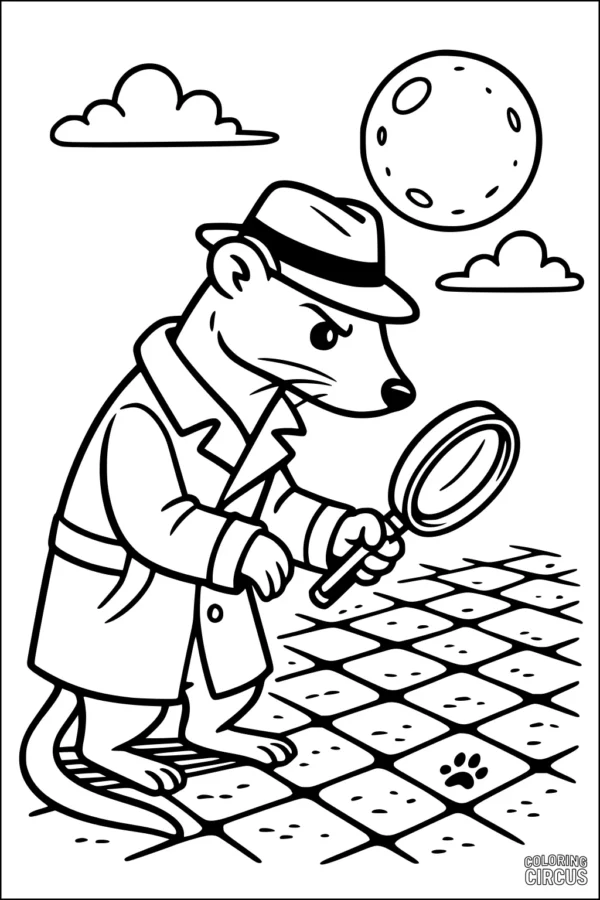 Coloring page showing a cartoon detective weasel in coat and hat with a magnifying glass, studying paw prints under a night sky
