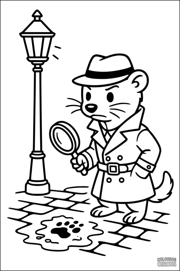Coloring page of a cartoon weasel dressed as a detective examining paw prints under a streetlamp