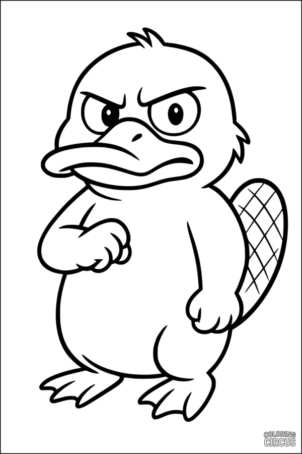 Coloring page showing a cartoon platypus with a determined expression and webbed feet