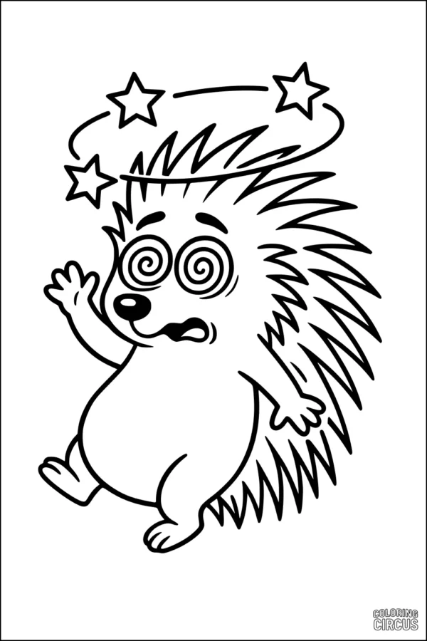 Coloring page of a cartoon porcupine looking dizzy with spiraled eyes and stars above its head
