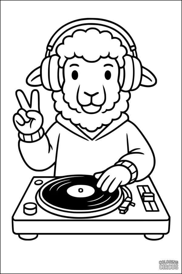 Coloring page featuring a cartoon sheep DJ with headphones at a turntable