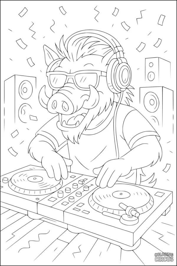 Coloring page of a cartoon warthog DJ wearing sunglasses and headphones, mixing music at turntables with speakers and confetti in the background
