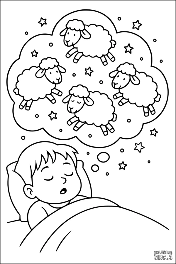 Coloring page showing a child sleeping and dreaming of cartoon sheep and stars