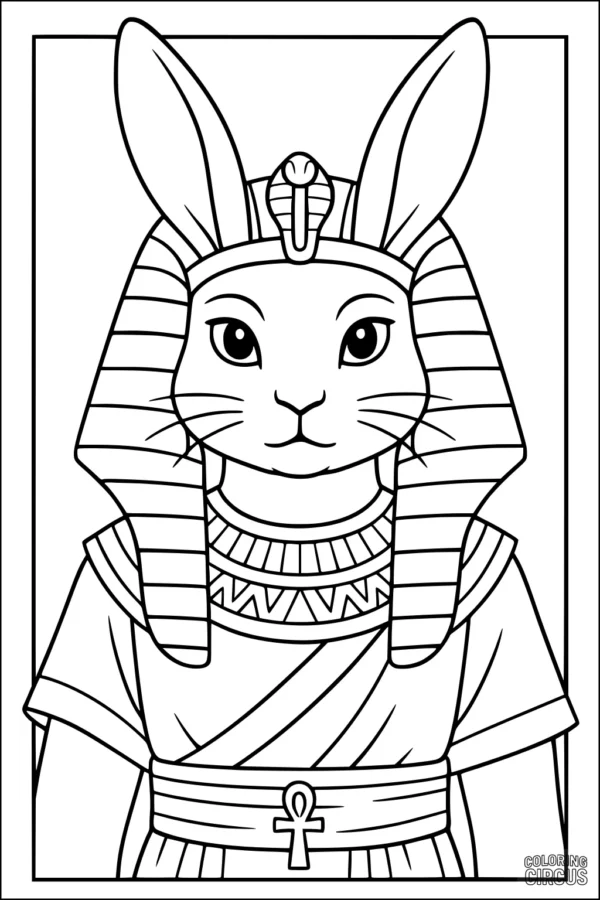 Coloring page featuring a rabbit dressed as an ancient Egyptian pharaoh with detailed headdress and jewelry
