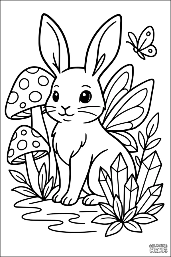 Coloring page with fairy rabbit, mushrooms, crystals, and butterfly in a magical garden