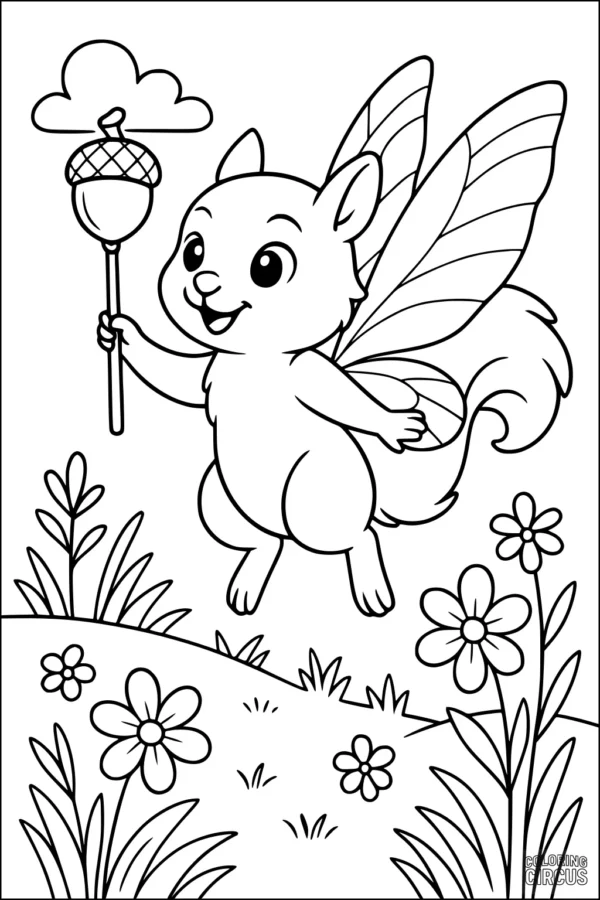 Coloring page of a cute fairy squirrel with wings holding an acorn wand in a flowery meadow