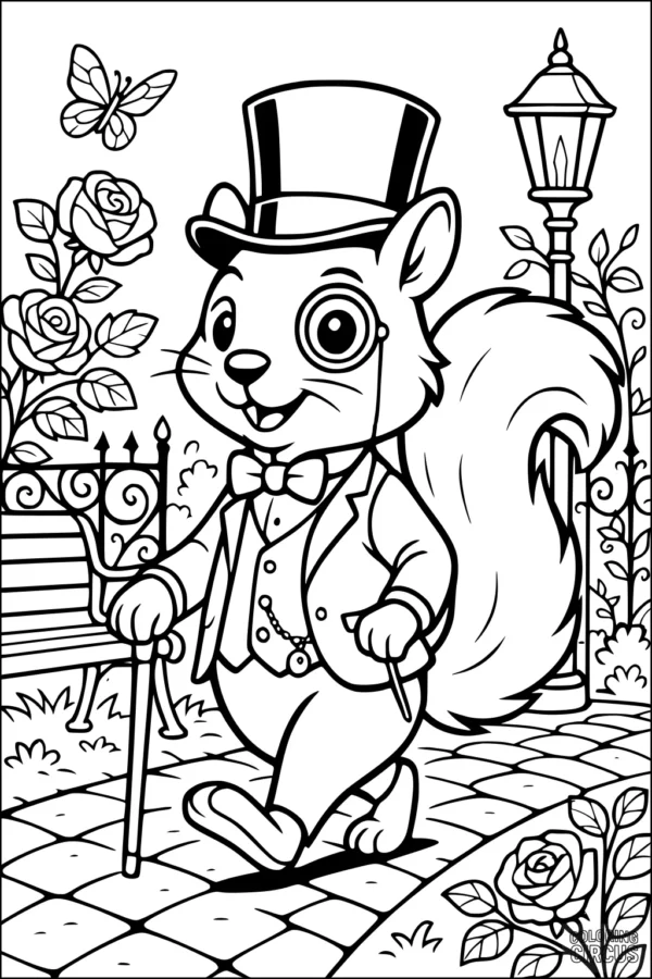 Coloring page featuring a cartoon squirrel in a suit, walking in a garden with roses and a butterfly