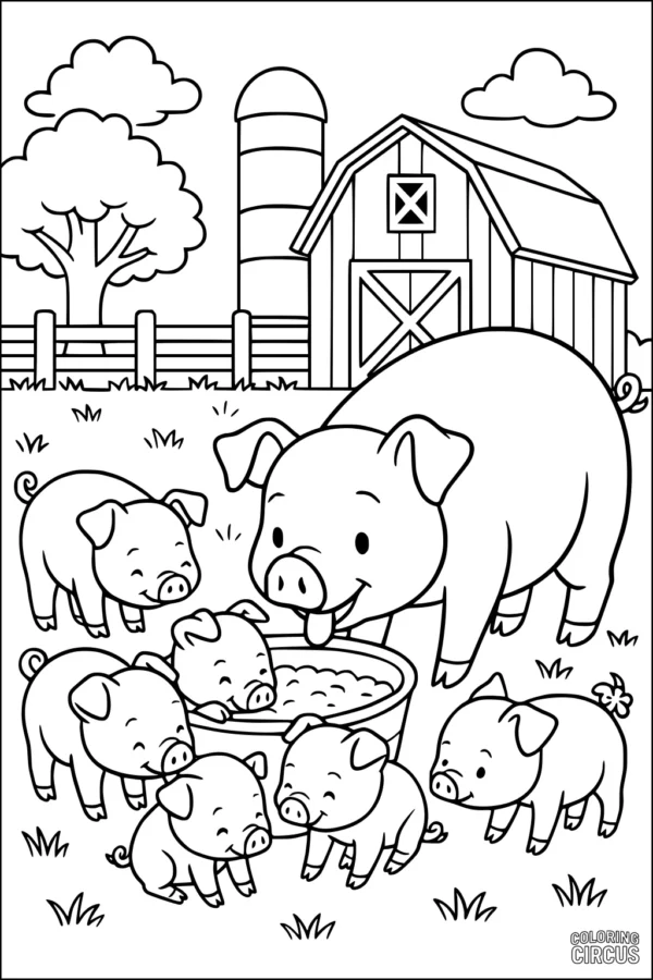 Coloring page of a pig and piglets eating in front of a barn on a farm