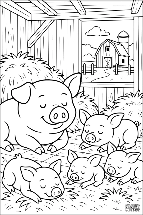 Coloring page of a mother pig and piglets napping inside a barn with farm and farmhouse in the background