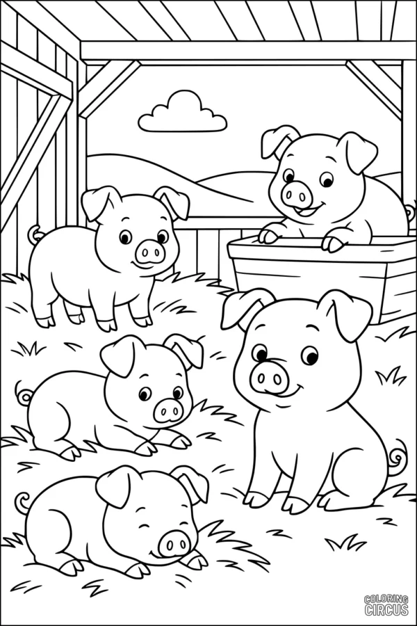 Coloring page of five cartoon piglets on a farm with barn and hay