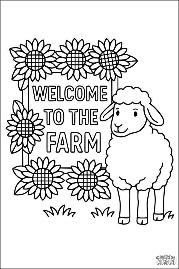 Coloring page showing a sheep next to a welcome to the farm sign with sunflowers