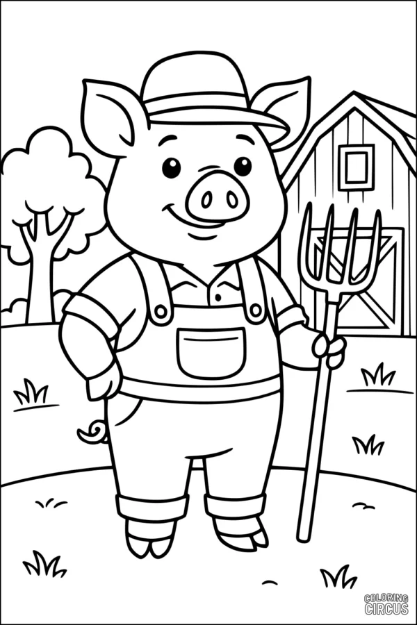 Coloring page of a cheerful pig dressed as a farmer with overalls and a hat, standing on a farm with a barn and trees in the background