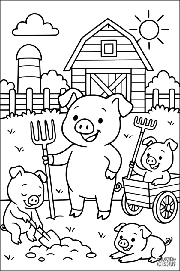 Coloring page showing cute pigs playing and helping on a farm with barn and sun in background