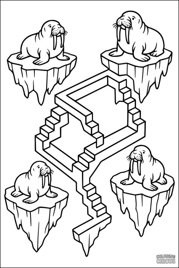 Coloring page of four walruses sitting on floating ice islands with a surreal staircase