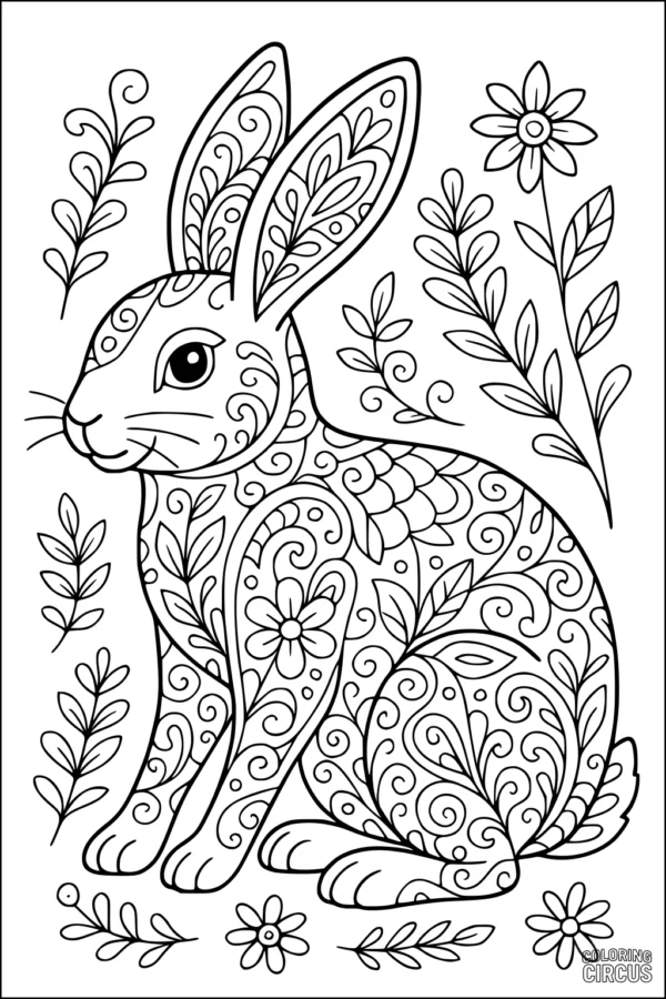 Coloring page featuring a detailed rabbit with floral and leaf patterns in a decorative garden setting