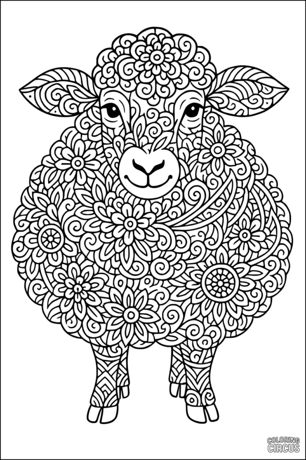 Coloring page detailed floral sheep design for kids and adults