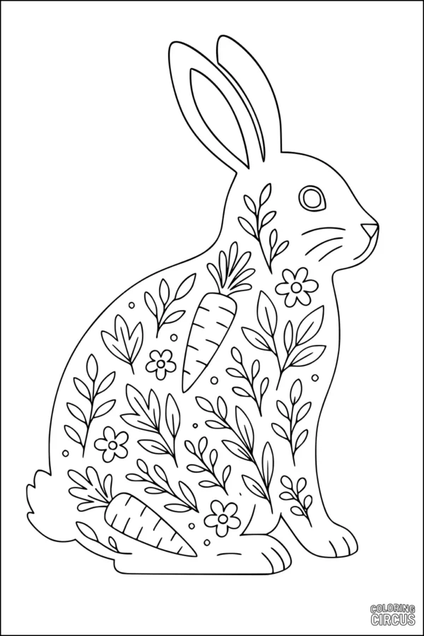 Coloring page of a rabbit decorated with carrots and flowers inside its outline for kids