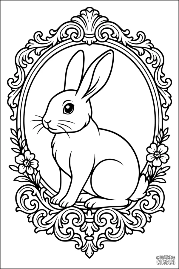 Coloring page featuring a rabbit inside a decorative floral frame