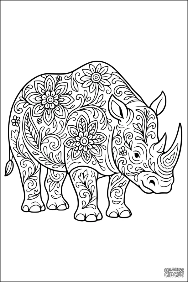 Coloring page of a rhinoceros decorated with intricate floral and leaf patterns