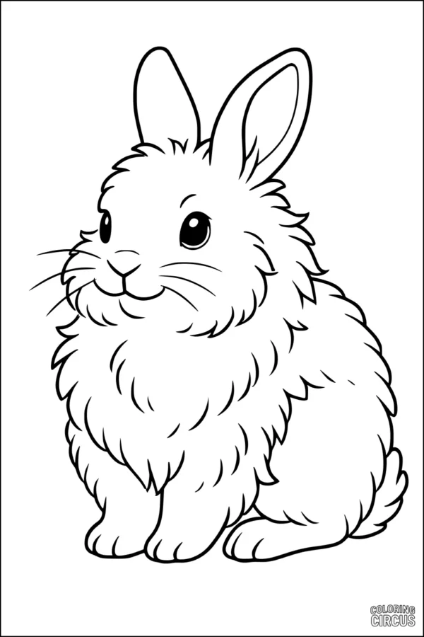 Coloring page of a fluffy cartoon rabbit sitting upright with big eyes and soft fur