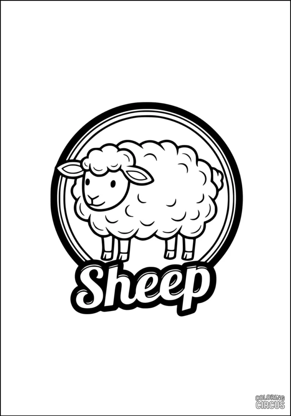 Coloring page featuring a cute sheep with fluffy wool inside a circle with the word sheep underneath