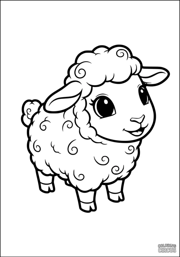Coloring page of a cute cartoon sheep with a fluffy, curly fleece and friendly face