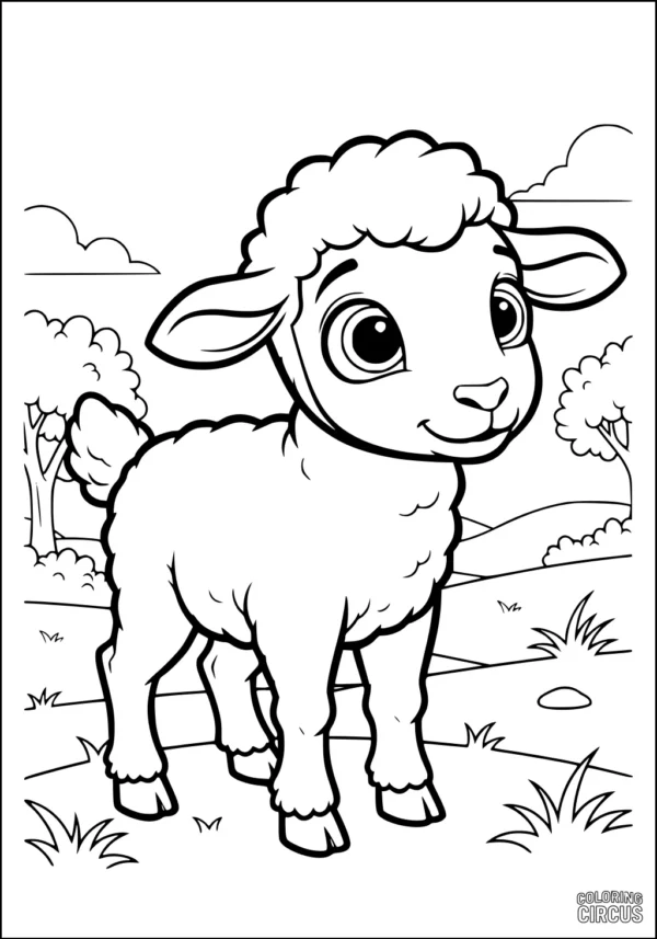 Coloring page with a cute cartoon sheep in a sunny meadow with trees and grass