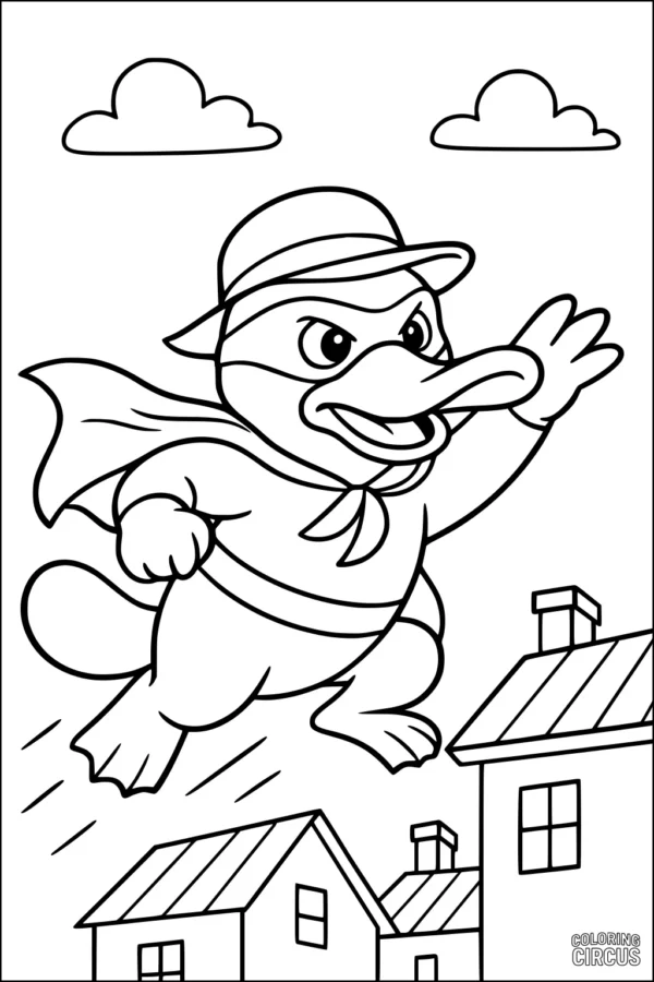 Coloring page featuring a cartoon platypus in a superhero costume flying above rooftops
