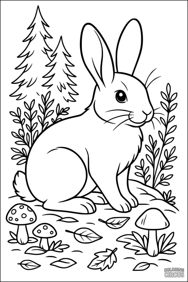Coloring page of a rabbit sitting in a forest with mushrooms and trees