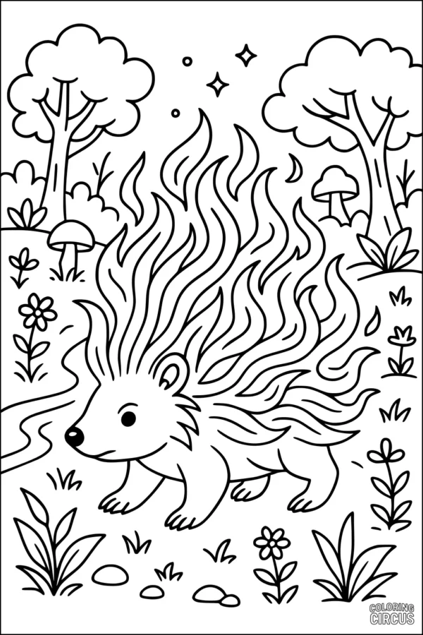 Coloring page showing a porcupine with wavy quills walking by flowers and trees in a forest scene