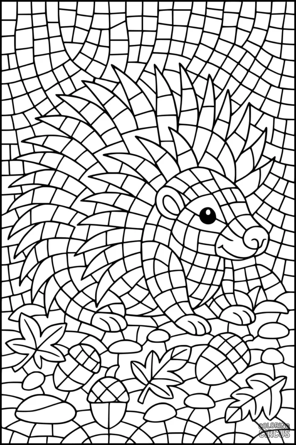 Coloring page featuring a detailed mosaic-style porcupine surrounded by acorns and autumn leaves in a forest setting
