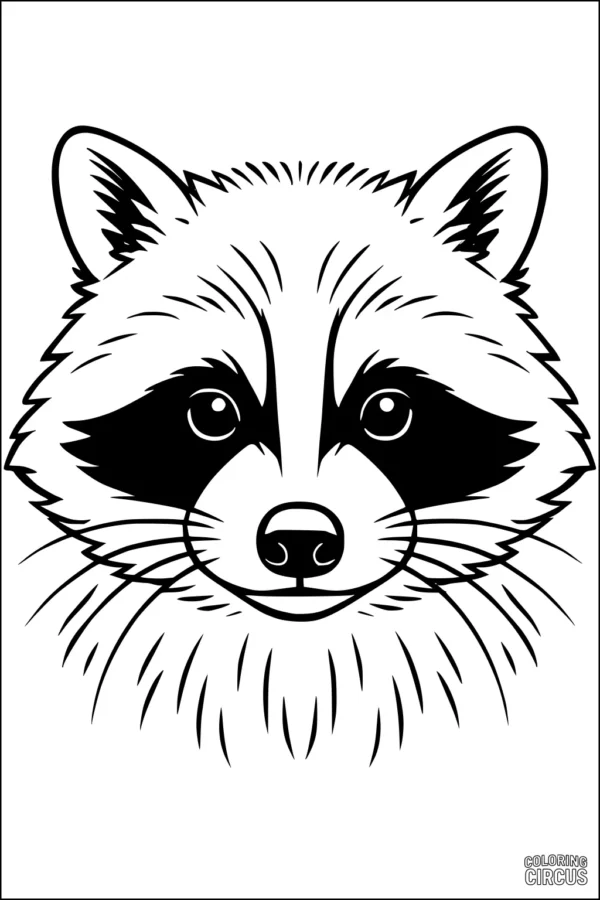 Coloring page of a raccoon's face with detailed fur and gentle eyes, suitable for young children