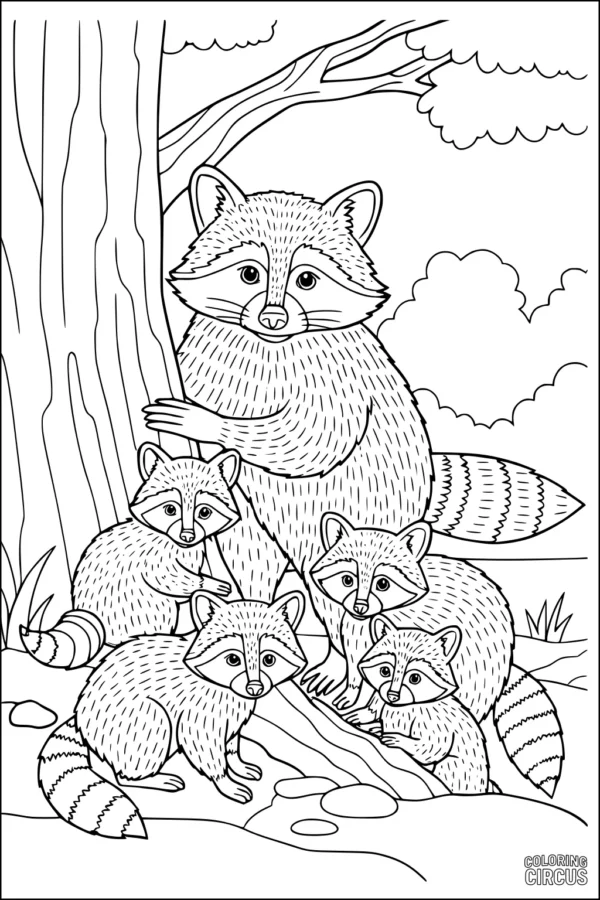 Coloring page with raccoon family beneath a tree in a forest scene