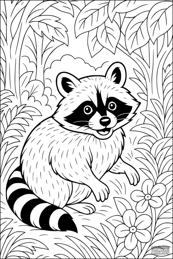 Coloring page showing a cheerful raccoon in a forest scene with leafy plants and flowers