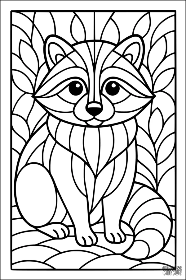Coloring page with a raccoon surrounded by stylized leaves and patterns
