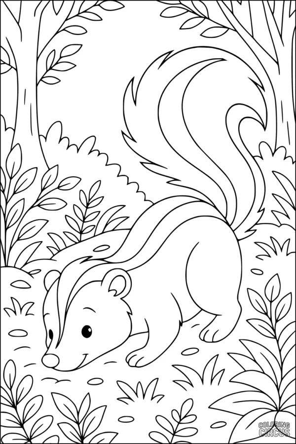 Coloring page of a cute skunk exploring a leafy forest setting with trees and plants