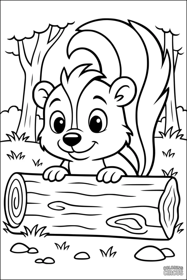 Coloring page of a cute skunk peeking over a log in a forest setting