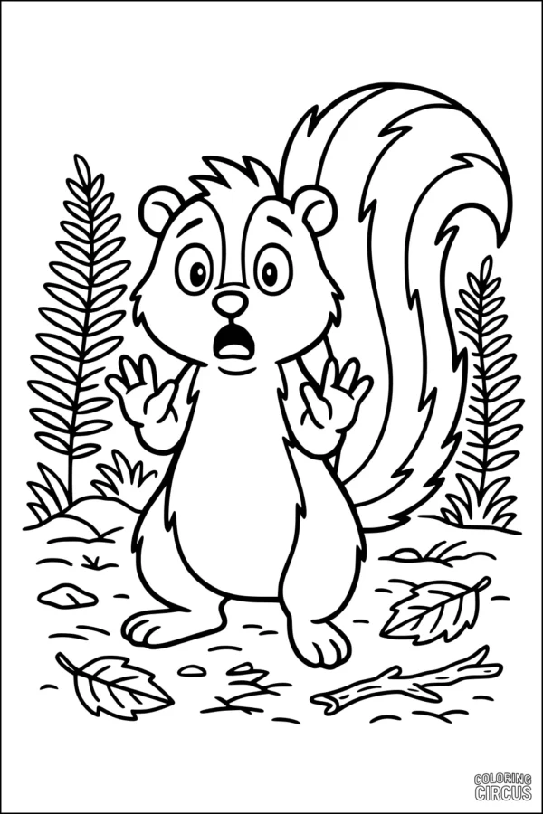 Coloring page of a surprised cartoon skunk in a forest with leaves, ferns, and sticks