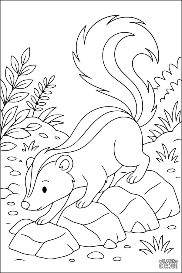 Coloring page of a cute skunk walking on rocks in a forest with leafy plants around