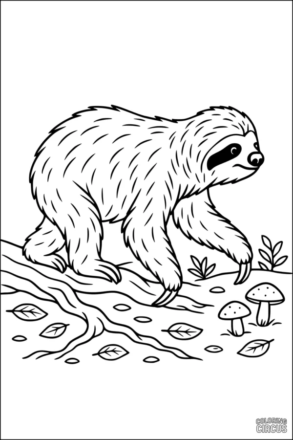 Coloring page showing a cute sloth walking on a log with leaves and mushrooms in a forest