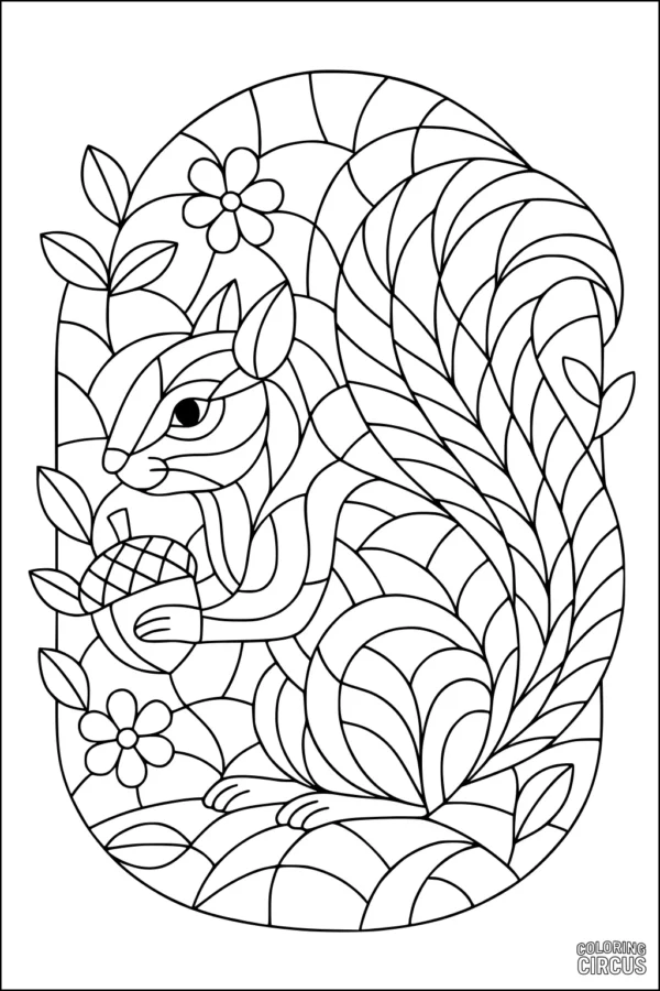 Coloring page featuring a patterned squirrel with a large tail, holding an acorn, surrounded by flowers and leaves