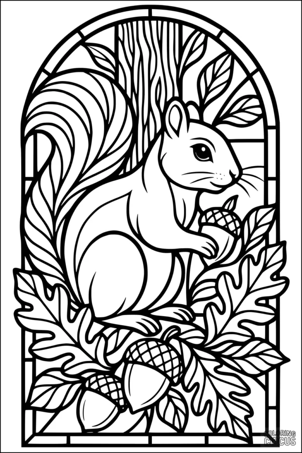 Coloring page featuring a cute squirrel holding an acorn surrounded by oak leaves and acorns in a stained-glass forest window design.