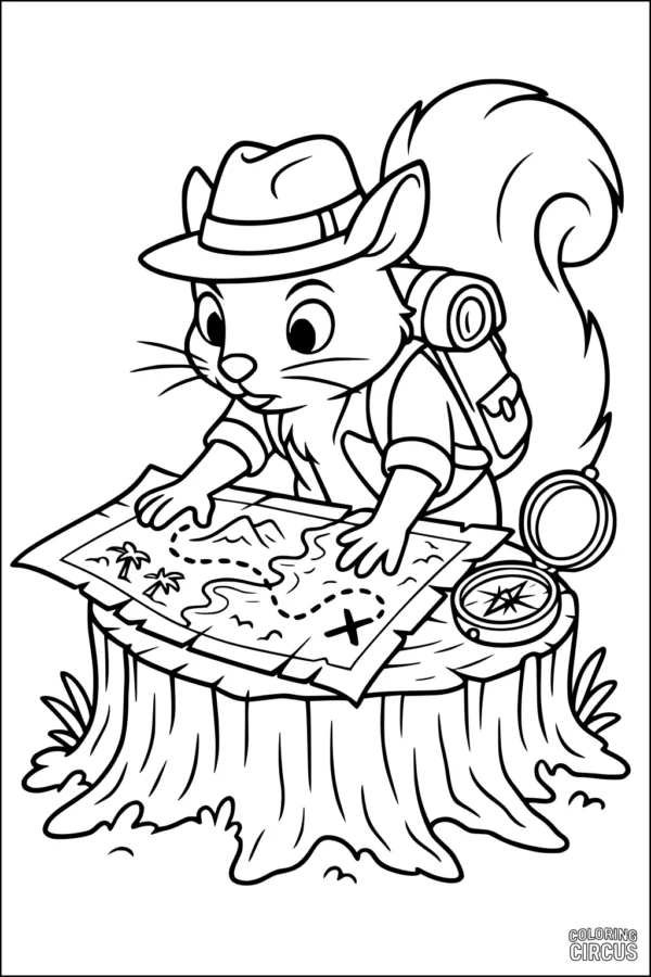 Coloring page featuring a cartoon squirrel reading a treasure map on a tree stump with a backpack and compass