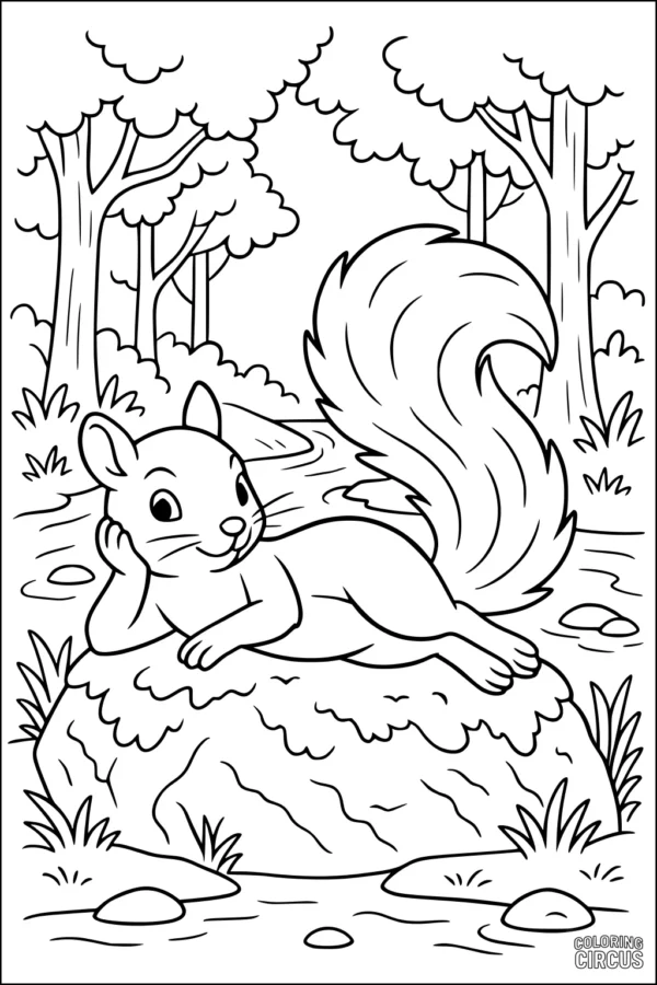 Coloring page featuring a playful squirrel lounging on a rock in a forest with trees and a stream in the background