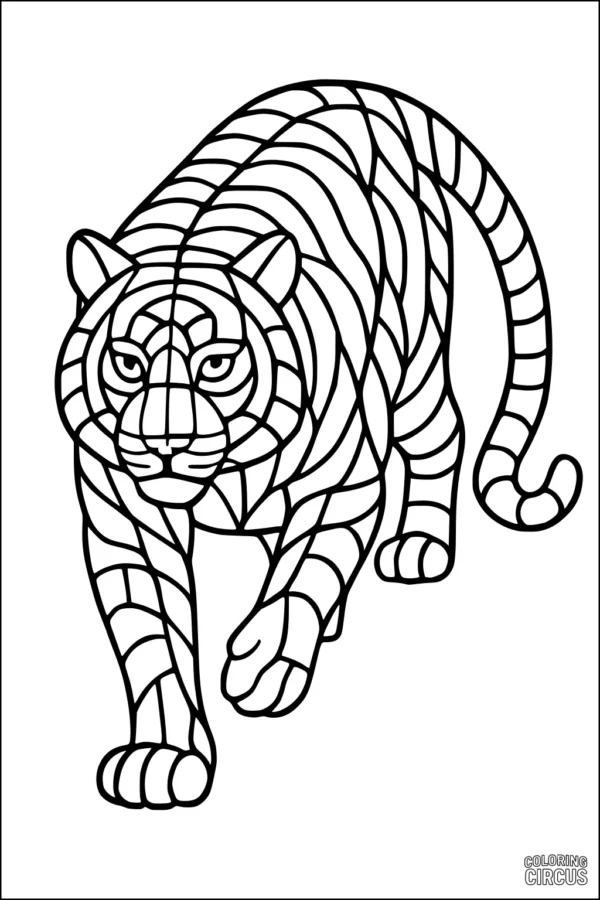 Coloring page of a majestic tiger with stylized stripes, walking forward
