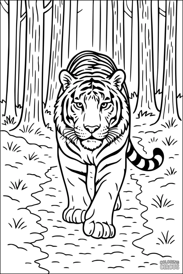 Coloring page of a tiger walking down a forest path with tall trees and grass surrounding it
