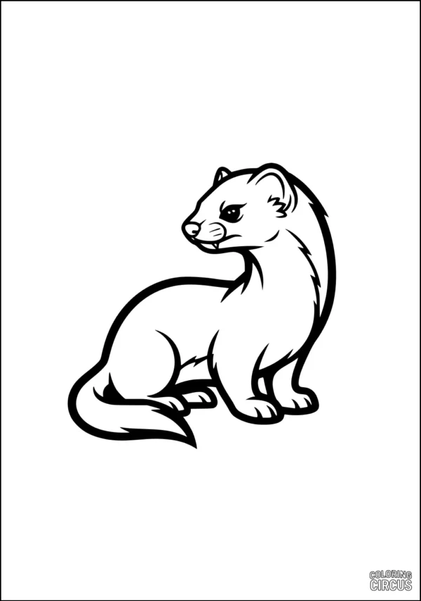 Coloring page of a cartoon-style weasel sitting and looking to the side