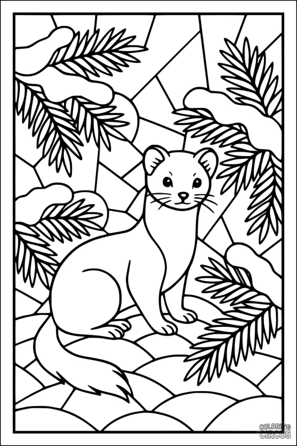Coloring page with a cute weasel sitting among snowy pine branches and geometric background