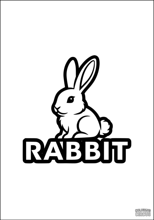 Coloring page featuring a cute cartoon rabbit sitting above the word rabbit in bold letters.