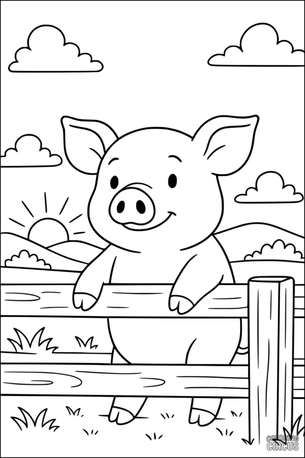 Coloring page of a smiling pig behind a fence, with sun, hills, and fluffy clouds in the background.